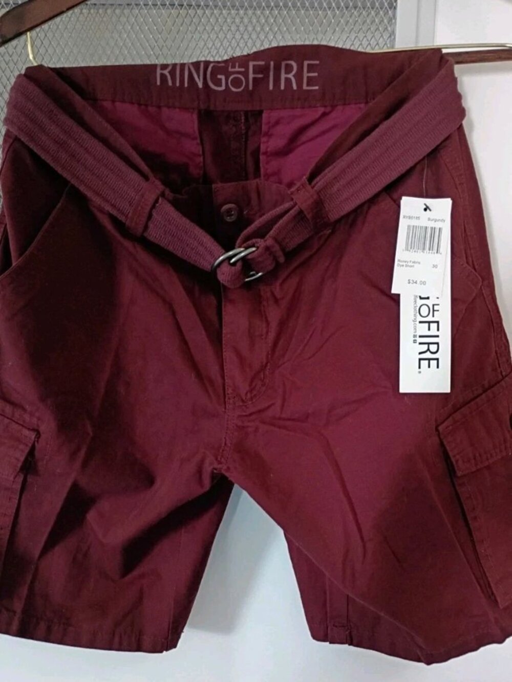 Ring of Fire Cargo Shorts Men’s Size 30 Burgundy Belted Utility Casual NWT